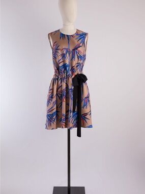 Emilio Pucci Beige Mini Dress with Blue and Pink Leaf Print